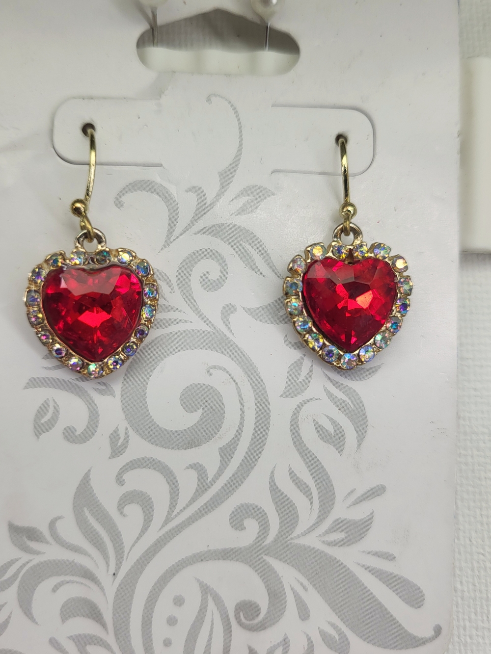 Betsey Johnson Red Crystal Heart Drop Earrings AB Rhinestones Gold Tone